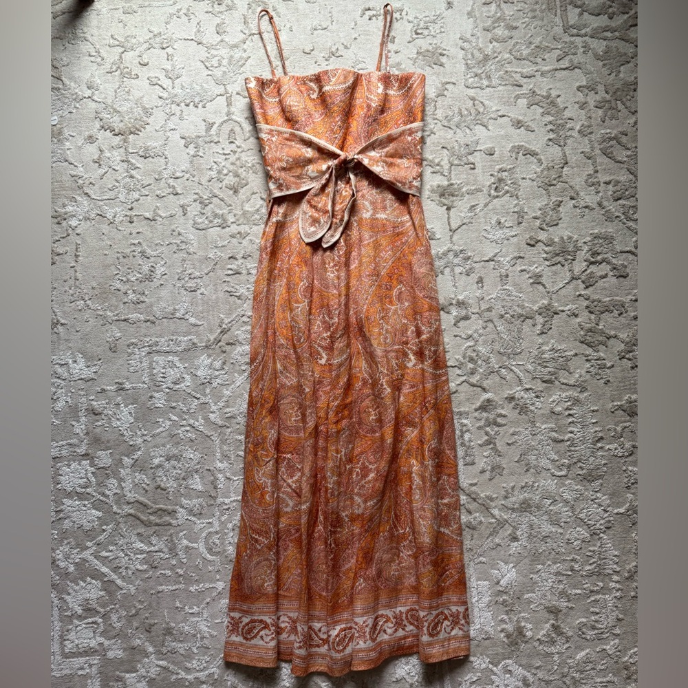 Zimmerman Linen Paisley Tie Front Midi Dress Boho Euro Luxury Coastal Summer